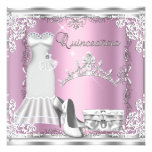 Quinceanera 15th Pink Silver Diamond Tiara Personalized Announcements