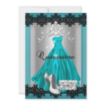 Quinceanera 15th Teal Black Silver Diamond Tiara Announcements