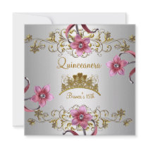 Quinceanera 15th White Pink Flowers Gold Tiara Personalized Invitation