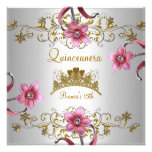 Quinceanera 15th White Pink Flowers Gold Tiara Personalized Invitation