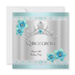Quinceanera 15th White Teal Blue Silver Tiara Announcements