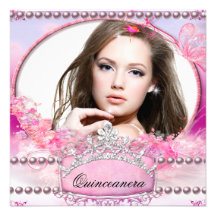 Quinceanera Birthday Party Pink White Floral Photo Custom Announcements