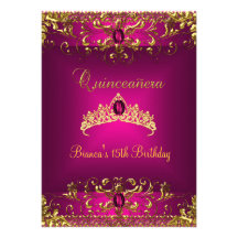 Quinceanera Birthday Pink Tiara Gold Gem Jewel Announcements