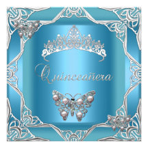 Quinceanera Birthday Teal Silver Tiara Butterfly Custom Invitation