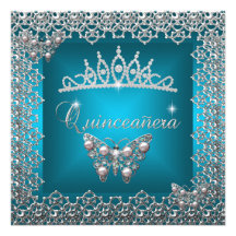 Quinceanera Birthday Teal Silver Tiara Butterfly Custom Invites