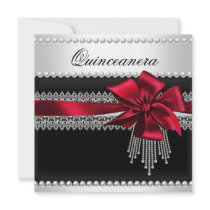 Quinceanera Red Bow Black Pearl Lace Diamond Custom Invitations