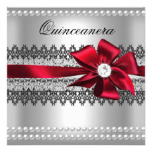 Quinceanera Red Bow Black Pearl Lace Diamond Invite