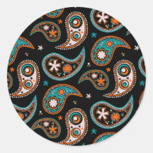 Quirky Paisley Turquoise and Orange Round Stickers