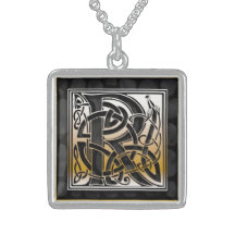 R Initial Monogram "Celtic Black Stone" Necklaces