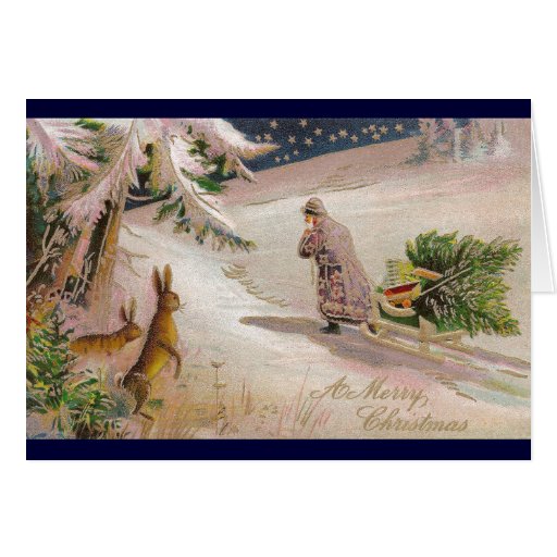 Rabbits Watch Santa in Purple Coat Pull Sled Card
