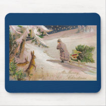 Rabbits Watch Santa in Purple Coat Pull Sled Mousepad