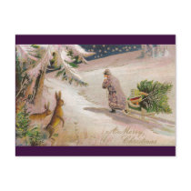 Rabbits Watch Santa in Purple Coat Pull Sled Post Cards