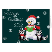 Raccoons and Snowman Christmas Carol Card
