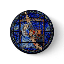 Radiating Nativity Stained Glass Blue Pinback Button