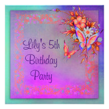 Rainbow Butterfly Girls 5th Birthday Party Custom Invitations