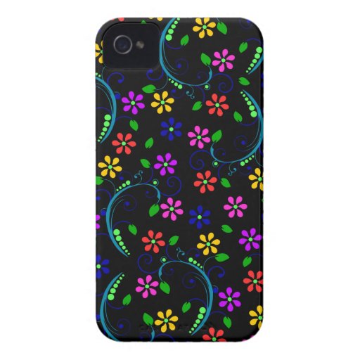 Rainbow-Coloured Floral Design on Black Phone Cove Case-Mate iPhone 4 Case