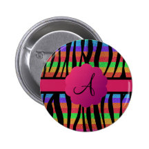Rainbow glitter zebra stripes monogrammed pinback button