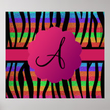 Rainbow glitter zebra stripes monogrammed posters