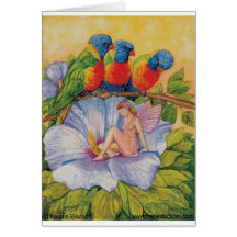 Rainbow Lorikeets with Fairy on a Hibiscus Flower Card