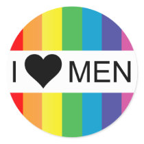 rainbow love. i heart men. round stickers