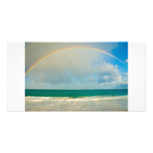 Rainbow over ocean custom photo card