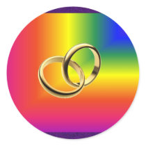 Rainbow Pride with Gold Wedding Bands Round Stickers