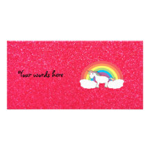 Rainbow unicorn pink glitter customized photo card