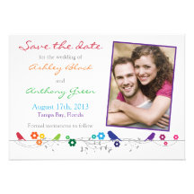 Rainbow Wedding Save the Date Birds Flowers Invite