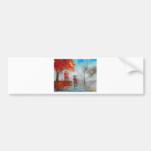 Rainy day autumn red bus umbrella painting bumper sticker