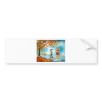 Rainy day autumn red tram umbrella romantic couple bumper stickers