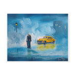 RAINY DAY COUPLE YELLOW TAXI CAB postcards