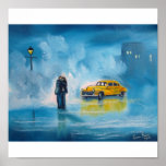 RAINY DAY COUPLE YELLOW TAXI CAB posters