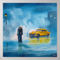RAINY DAY COUPLE YELLOW TAXI CAB POSTERS