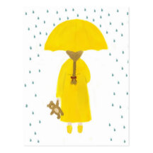 Rainy Day Girl with Teddy Bear Postcard
