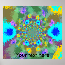 Random multicolored kaleidoscopic flames in blue posters