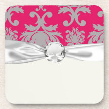 Raspberry and grey damask beverage coaster