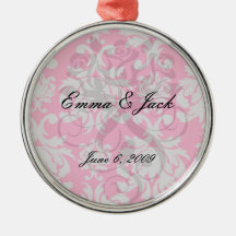 Raspberry and grey damask christmas ornament