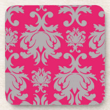 Raspberry and grey damask coaster