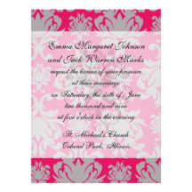 Raspberry and grey damask custom invitation