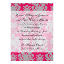 Raspberry and grey damask custom invitations
