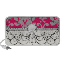 Raspberry and grey damask design mini speakers