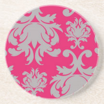 Raspberry and grey damask drink coasters