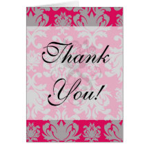 Raspberry and grey damask greeting cards