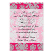 Raspberry and grey damask invitations