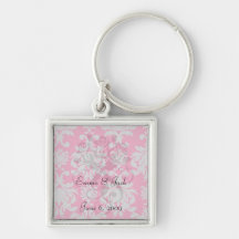Raspberry and grey damask key chains
