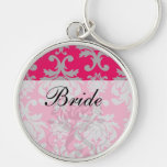 Raspberry and grey damask keychain