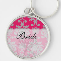Raspberry and grey damask keychain
