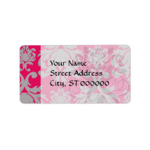 Raspberry and grey damask personalized address label