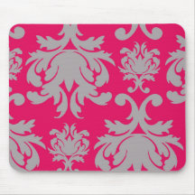Raspberry and grey damask mouse pad