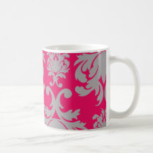 Raspberry and grey damask mugs